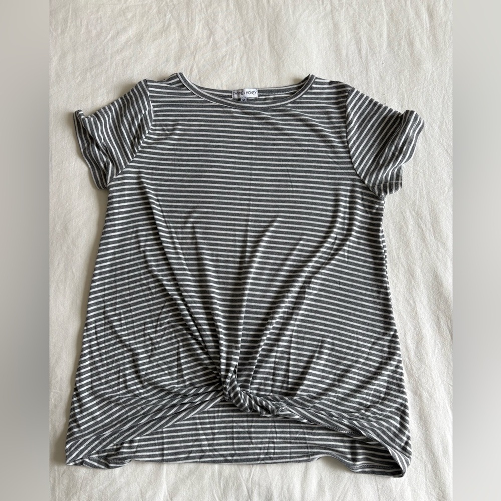 Thyme + Honey Grey and White Striped Knot-Front Tee